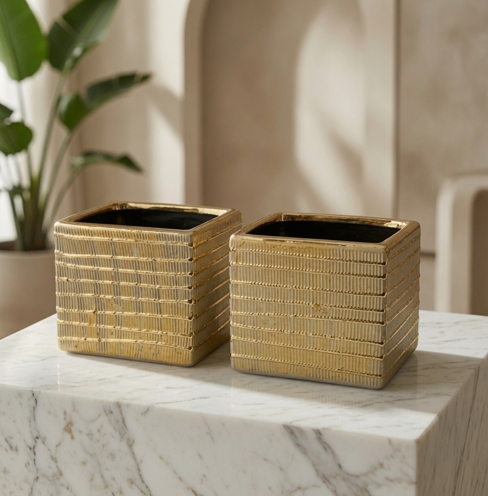 Textured Gold Ceramic Cube Planters Set of 2 Handmade 5x5x4 Home Decor New